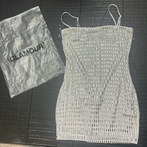 White gemstone mini dress.